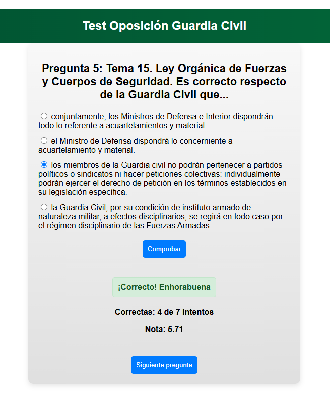 Preguntas tipo test para la Oposición a Guardia Civil